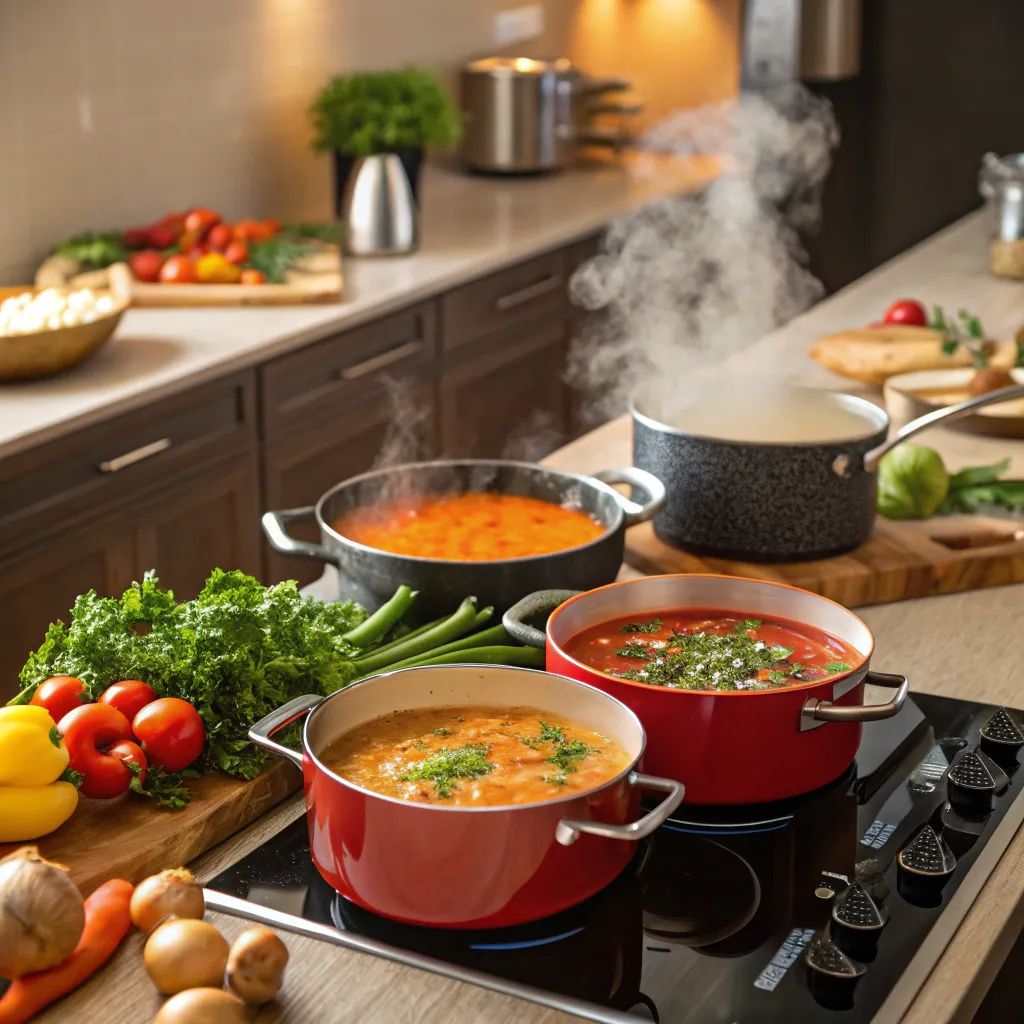 A vibrant kitchen with various types of soups being prepared